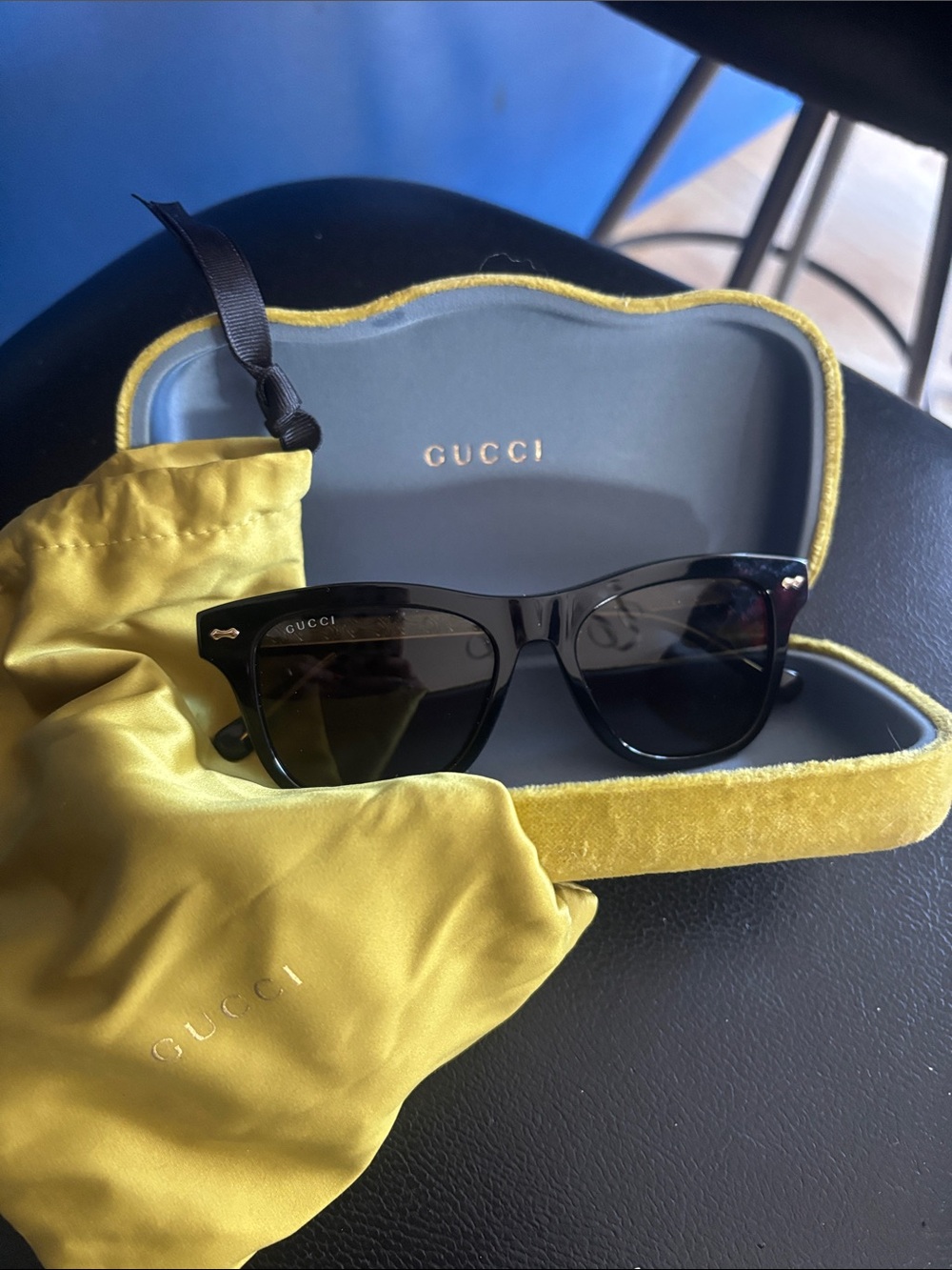 Gucci Black Sunglasses with Yellow Velvet Case and Pouch